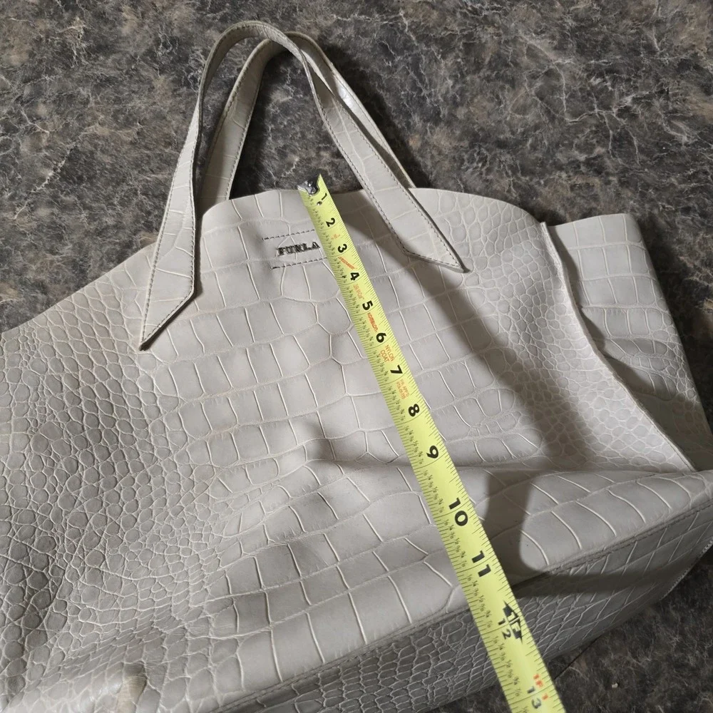 Furla Croc Embossed Leather Tote Bag Large Ivory Cream Italy Shoulder Shopper...